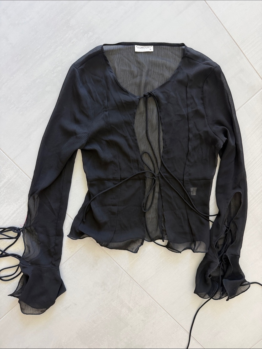 Rumours Black Sheer Tie-Front Blouse with Ruffle Cuffs